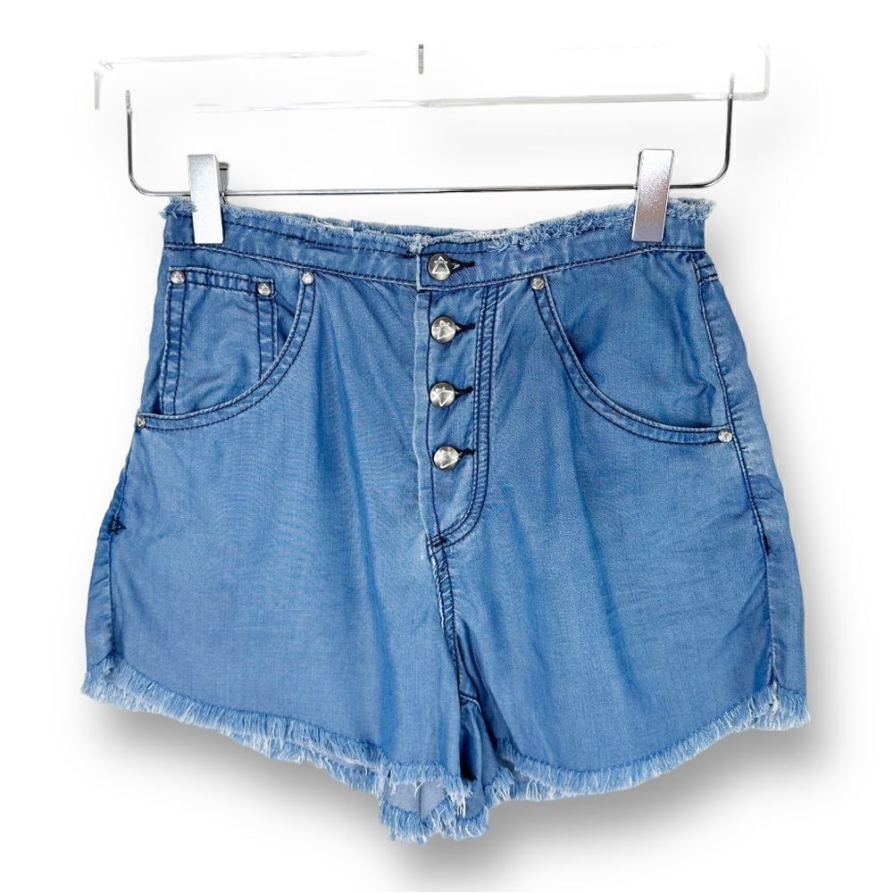 Some days lovin High Waisted Chambray Jean Shorts Frayed Button-Front Sz 24